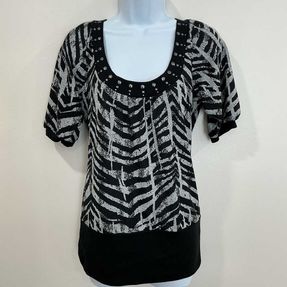 Almost Famous‎ Blouse Womens Large Stretch Black White Babydoll Studded Y2K